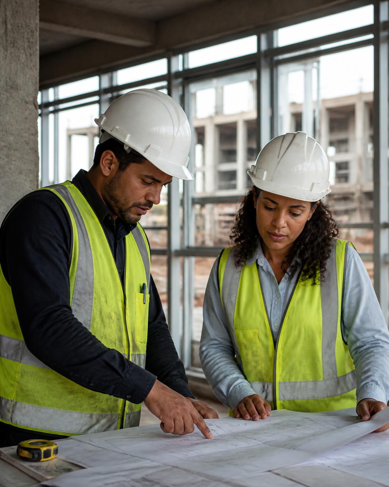 Equipe da MBSJ analisando o projeto técnico em obra